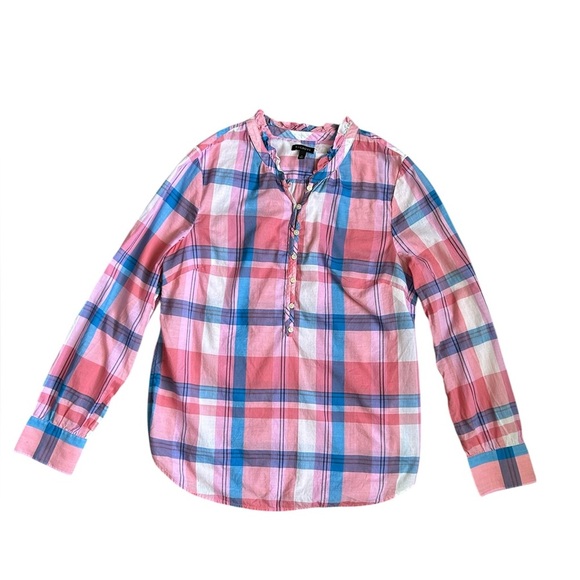 Talbots women’s blouse in pink and blue plaid with ruffle neckline size small - Picture 4 of 8